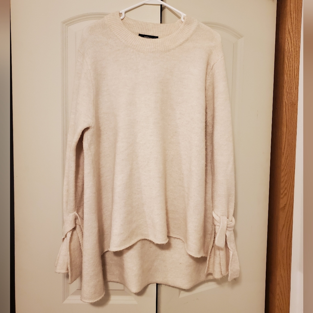 ZARA Knit Oversized Extra Long Tie Sleeve Sweater Cream Off White Size Small